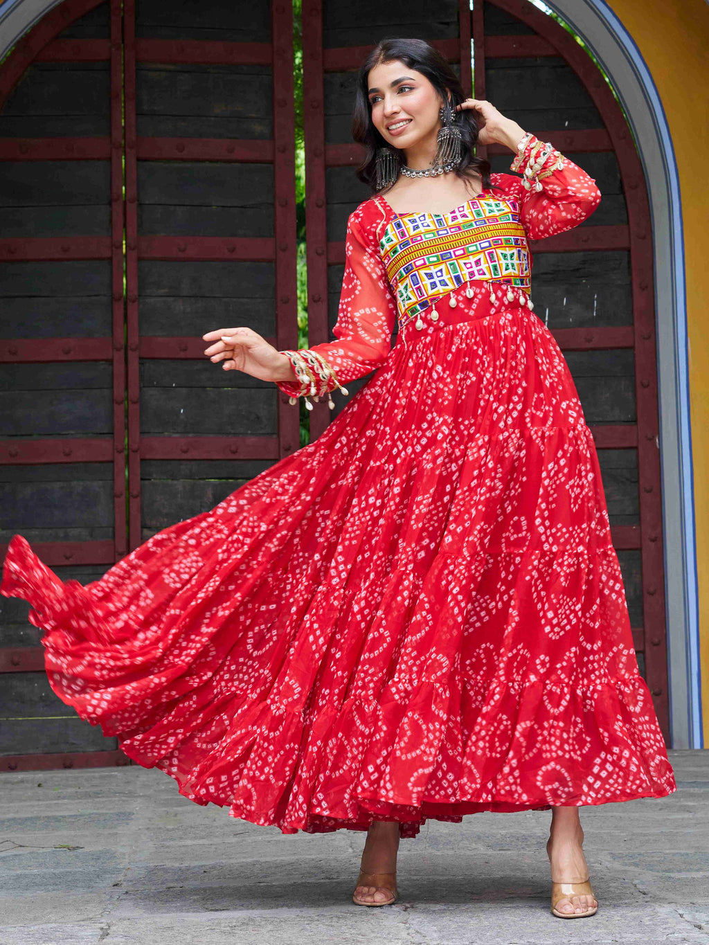 Red faux georgette Bandhani print Kutchi patchwork Navratri gown