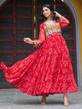 Red faux georgette Bandhani print Kutchi patchwork Navratri gown