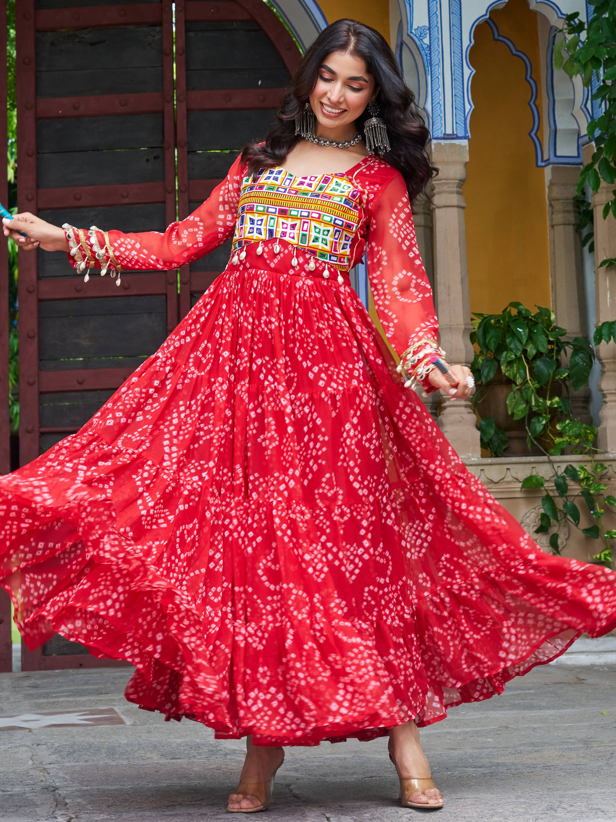 Red faux georgette Bandhani print Kutchi patchwork Navratri gown