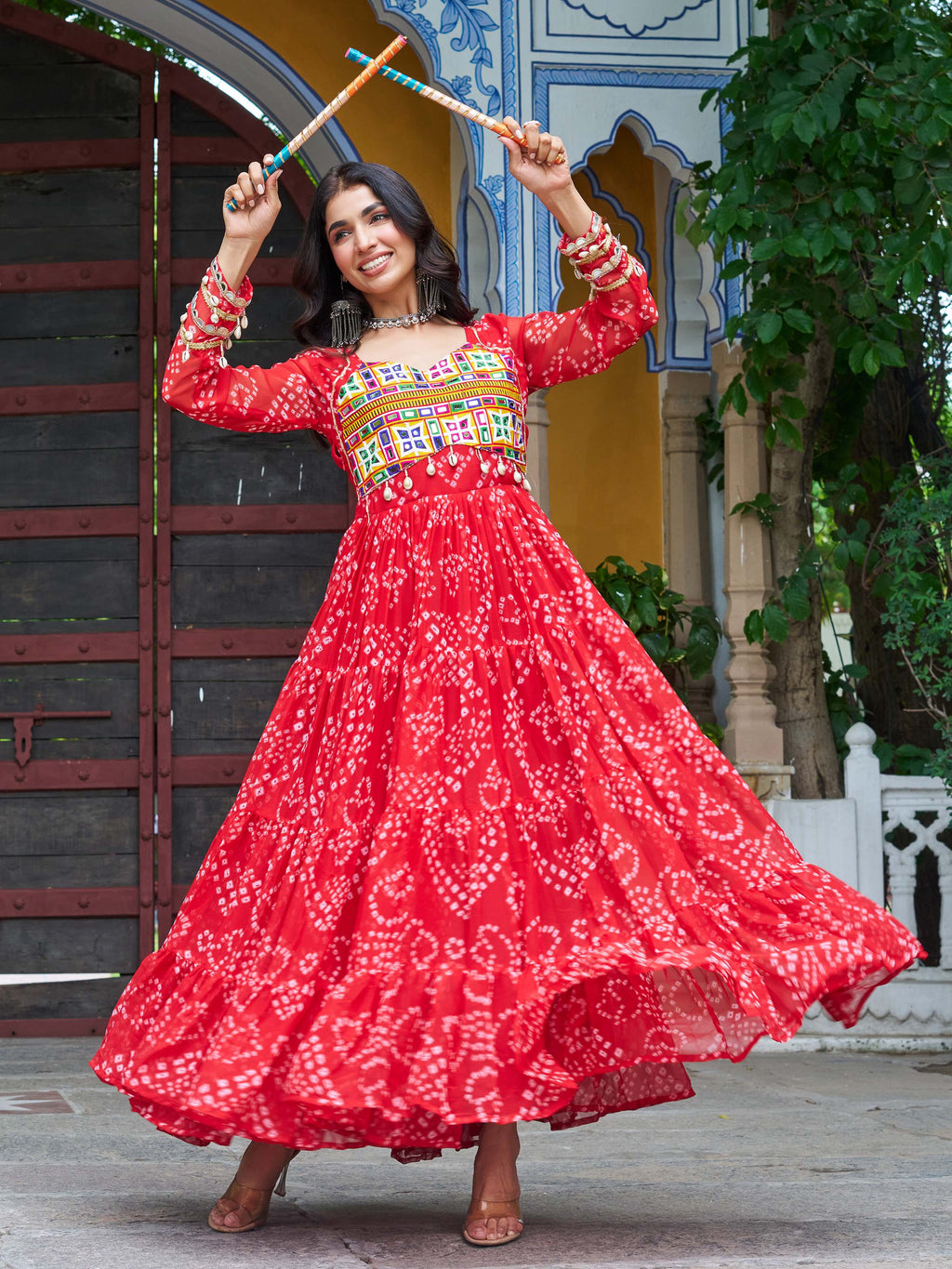 Red faux georgette Bandhani print Kutchi patchwork Navratri gown