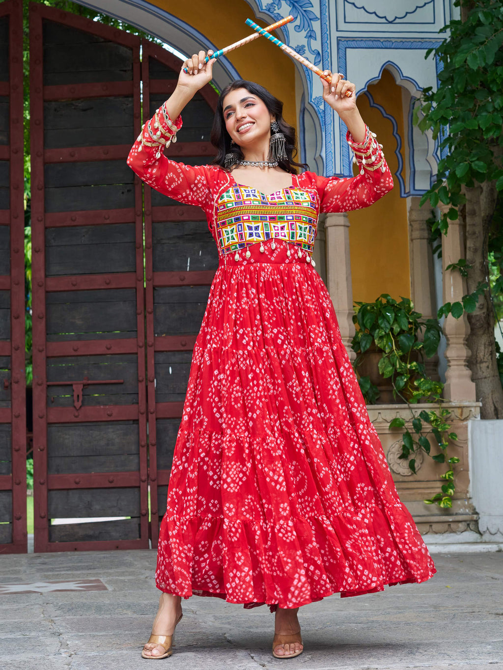 Red faux georgette Bandhani print Kutchi patchwork Navratri gown