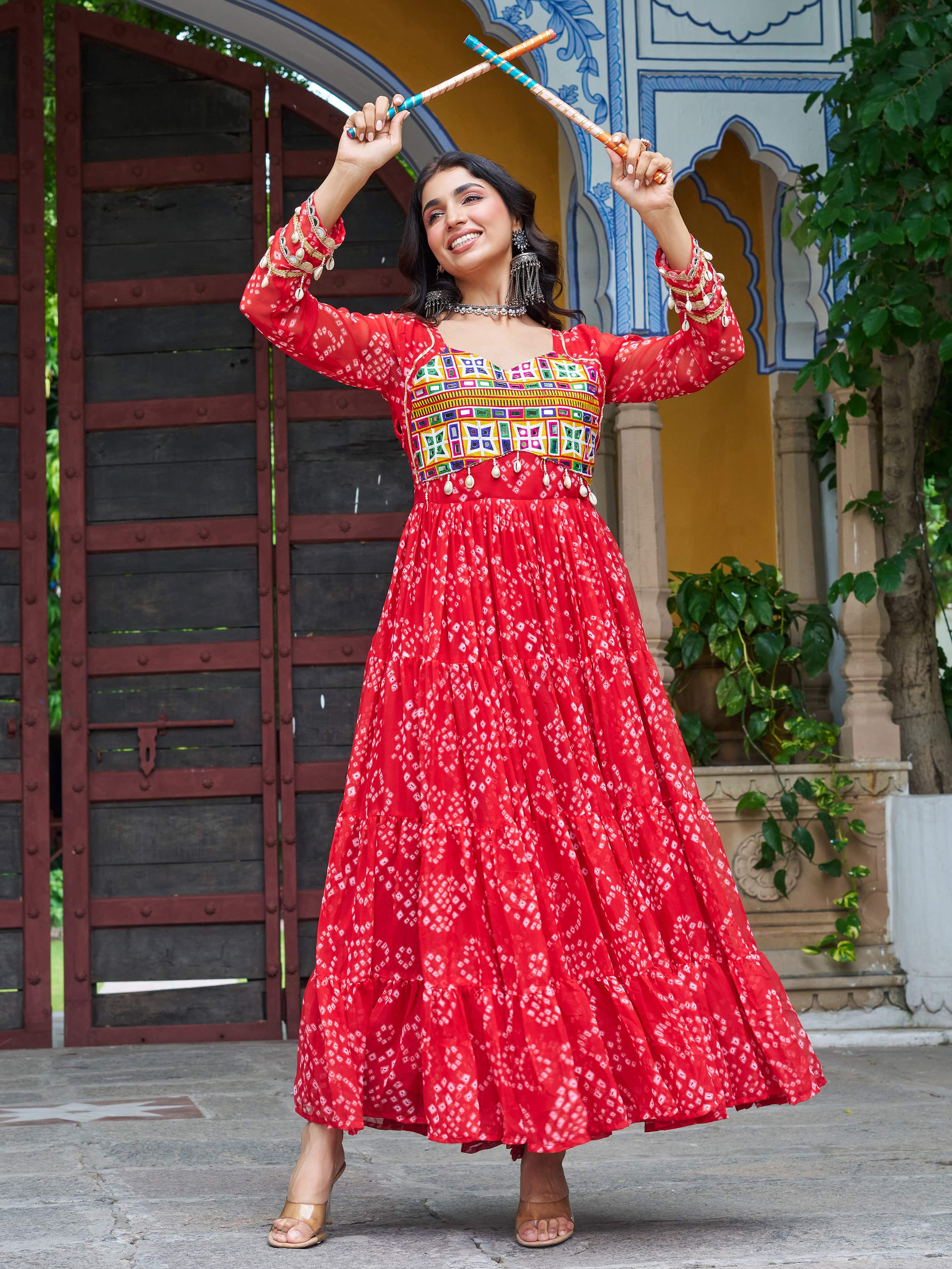 Red faux georgette Bandhani print Kutchi patchwork Navratri gown