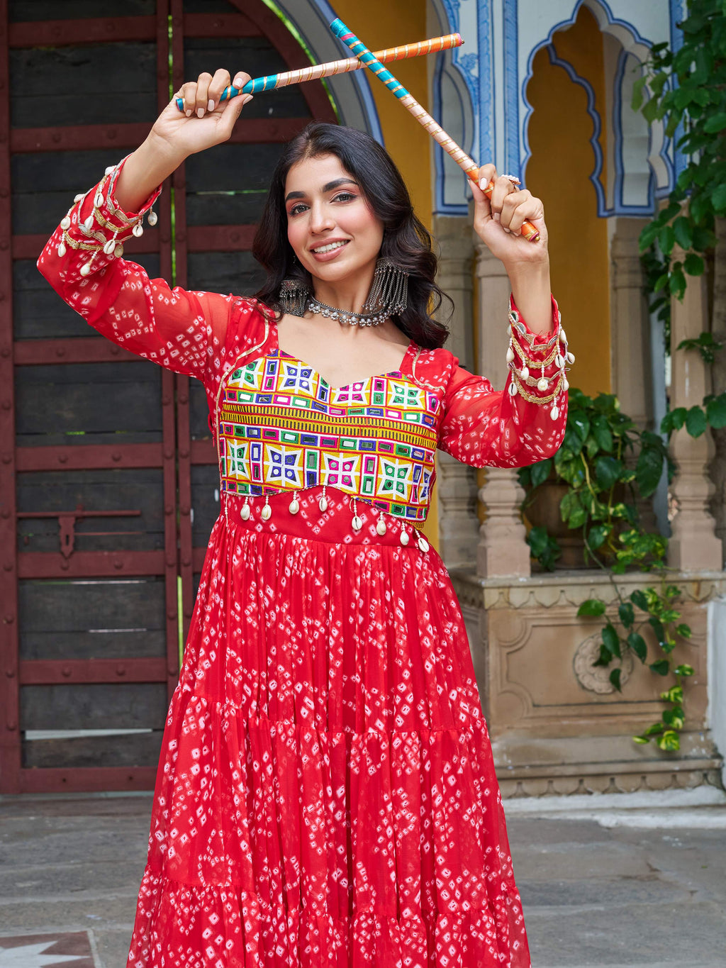 Red faux georgette Bandhani print Kutchi patchwork Navratri gown