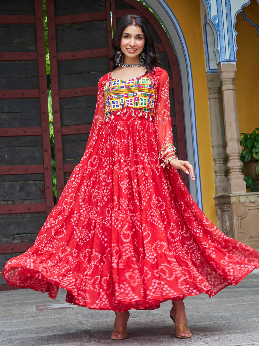 Red faux georgette Bandhani print Kutchi patchwork Navratri gown