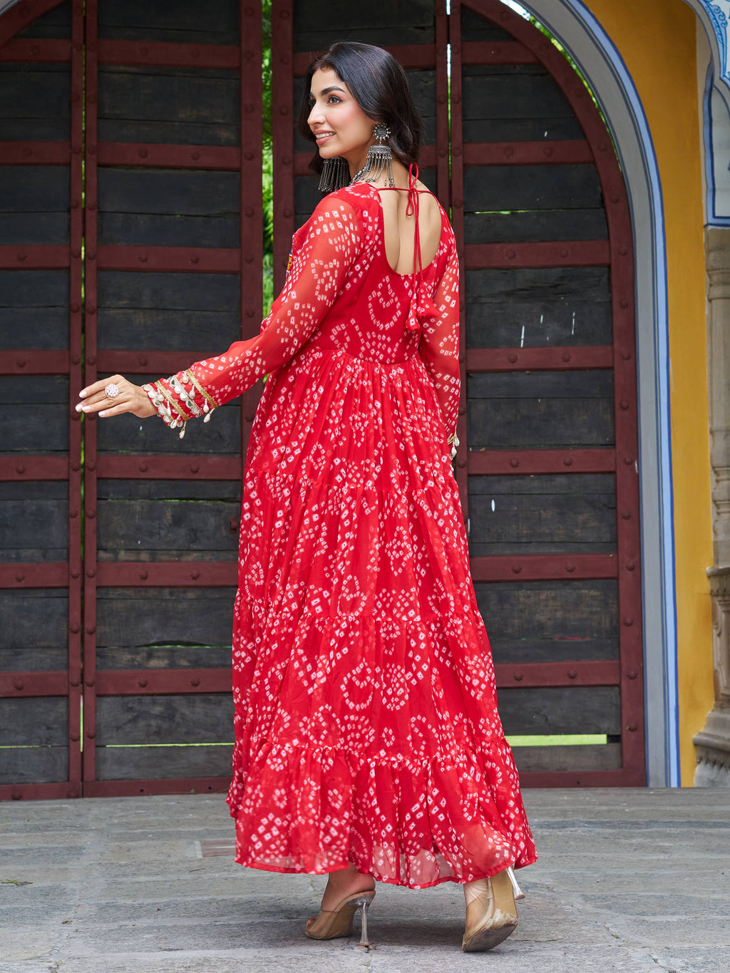 Red faux georgette Bandhani print Kutchi patchwork Navratri gown