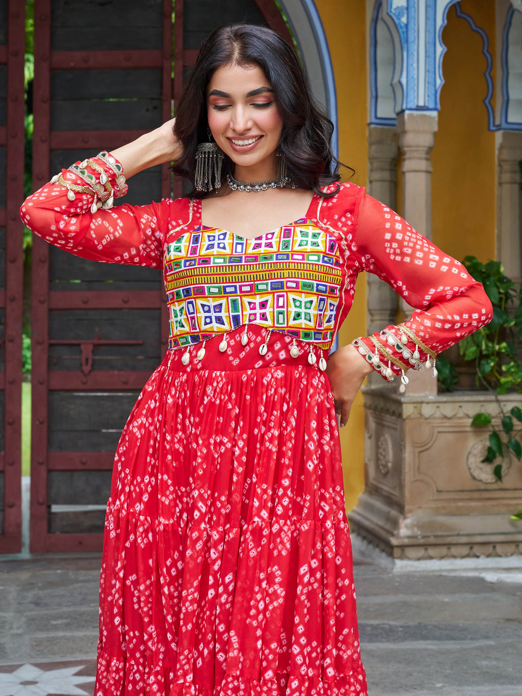 Red faux georgette Bandhani print Kutchi patchwork Navratri gown
