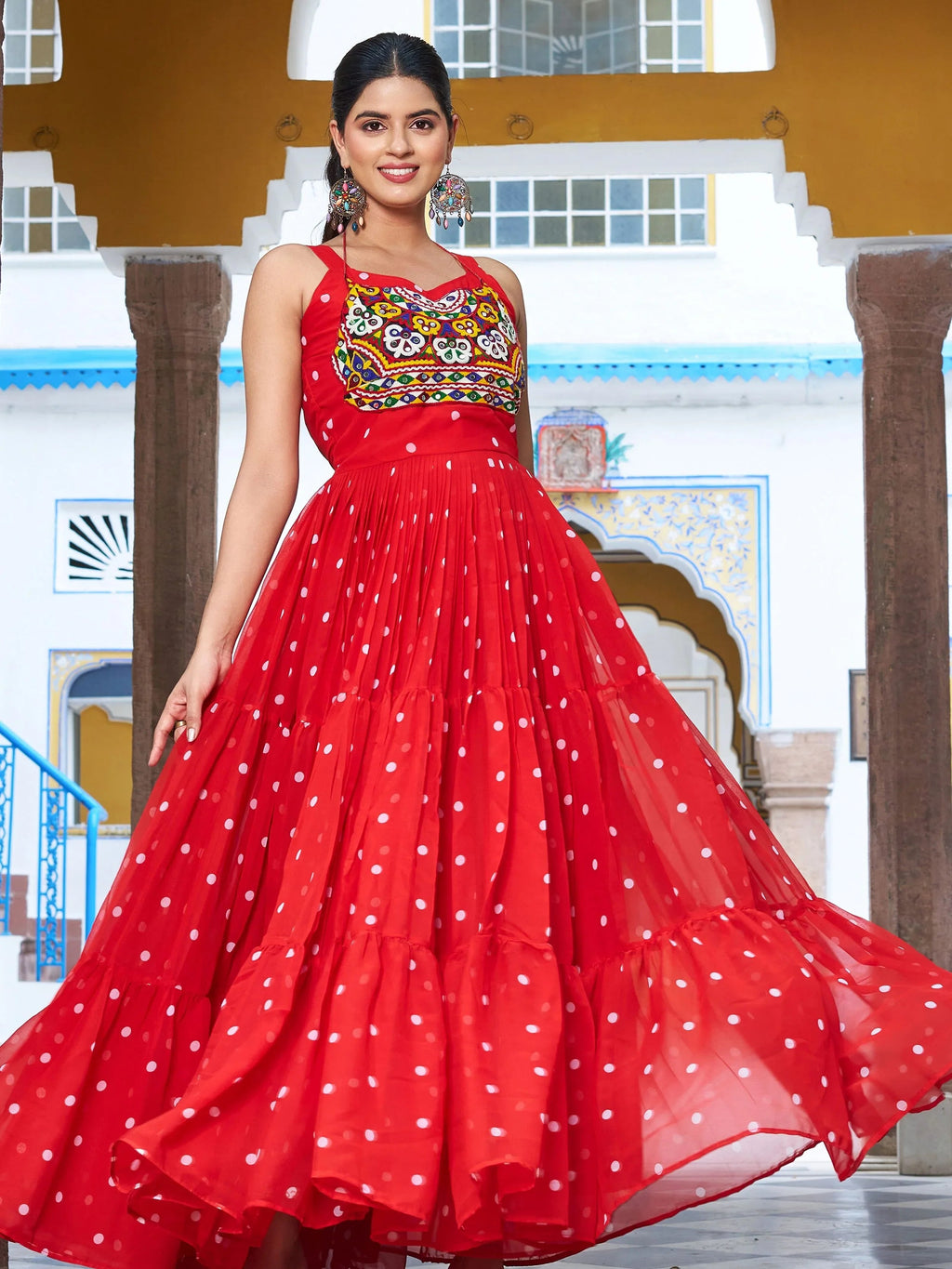 Red georgette bandhani print gown with real mirror gamthi work