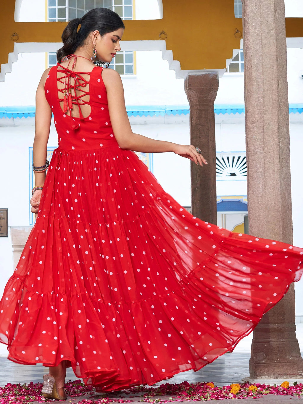 Red georgette bandhani print gown with real mirror gamthi work