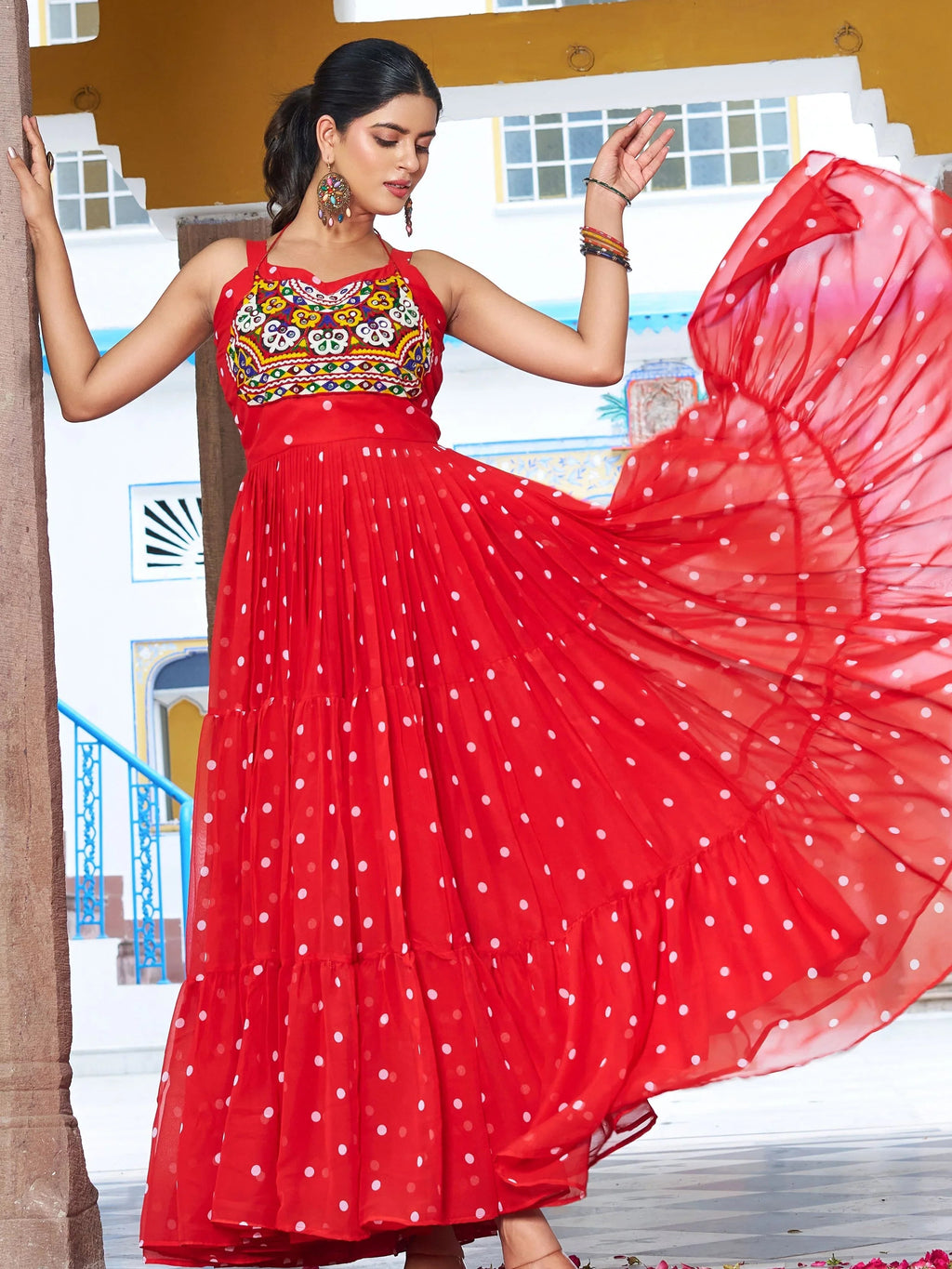 Red georgette bandhani print gown with real mirror gamthi work