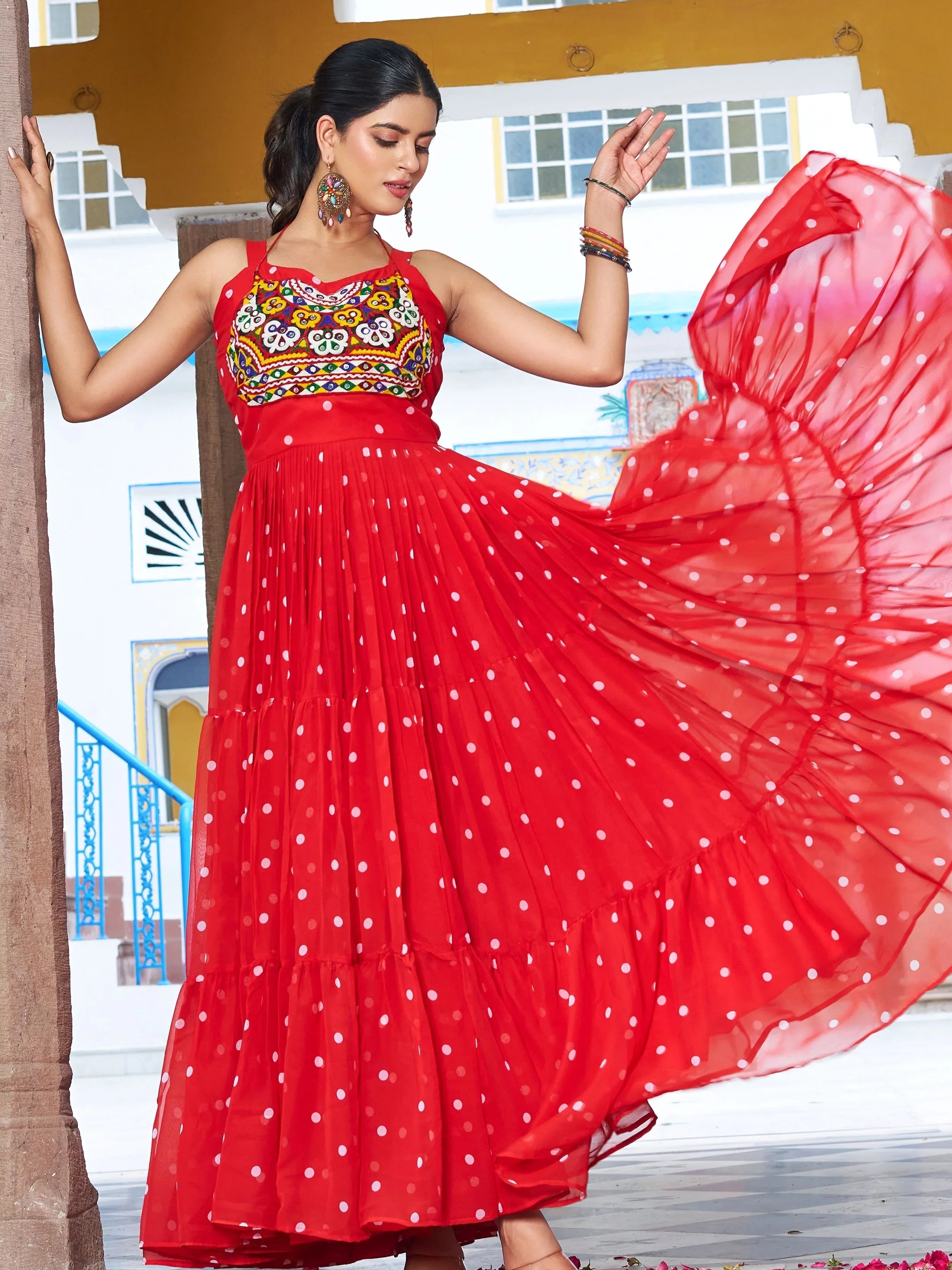 Red georgette bandhani print gown with real mirror gamthi work