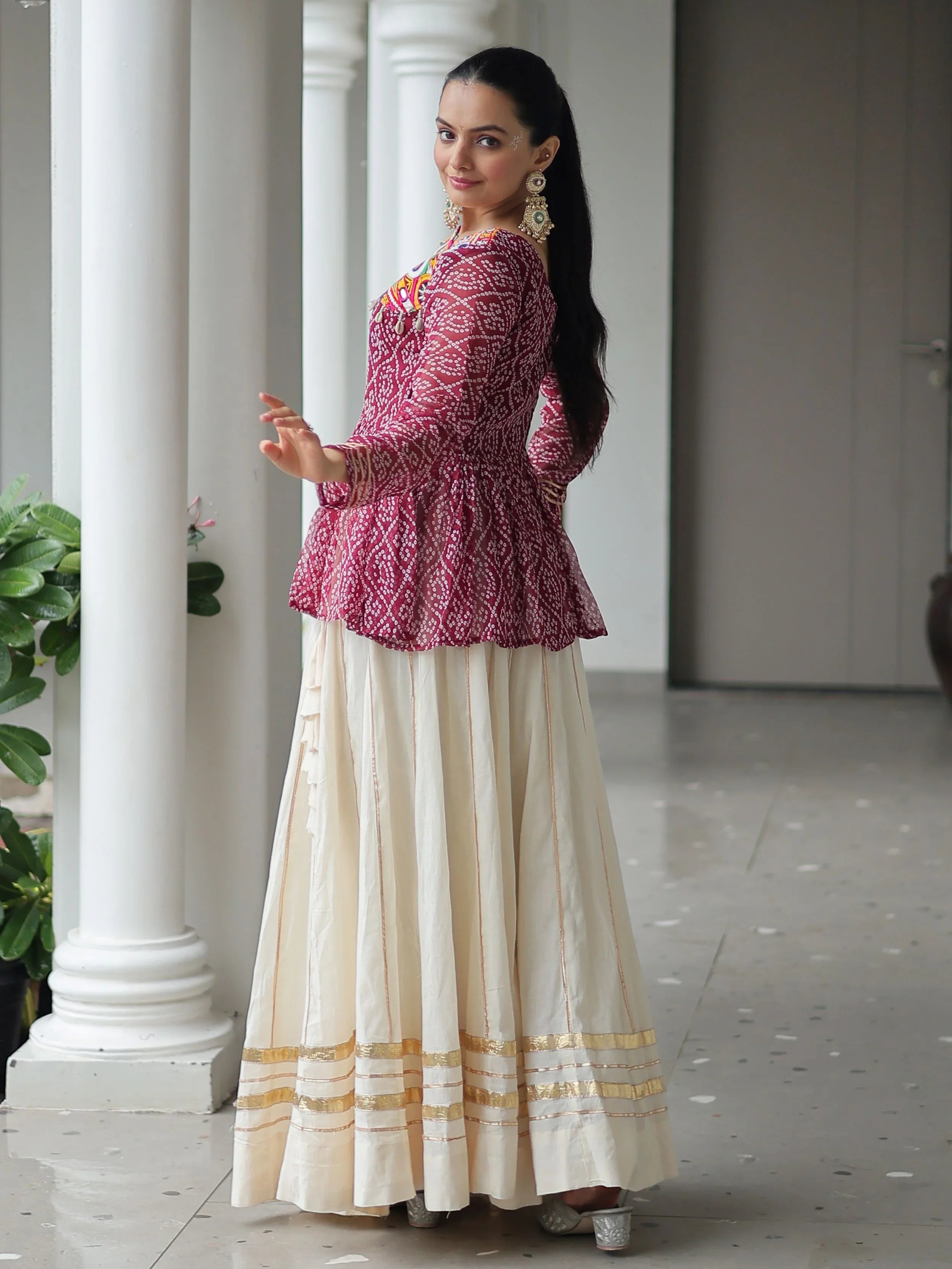 Red Kora cotton Bandhani print top with Gota Patti lehenga for Navratri
