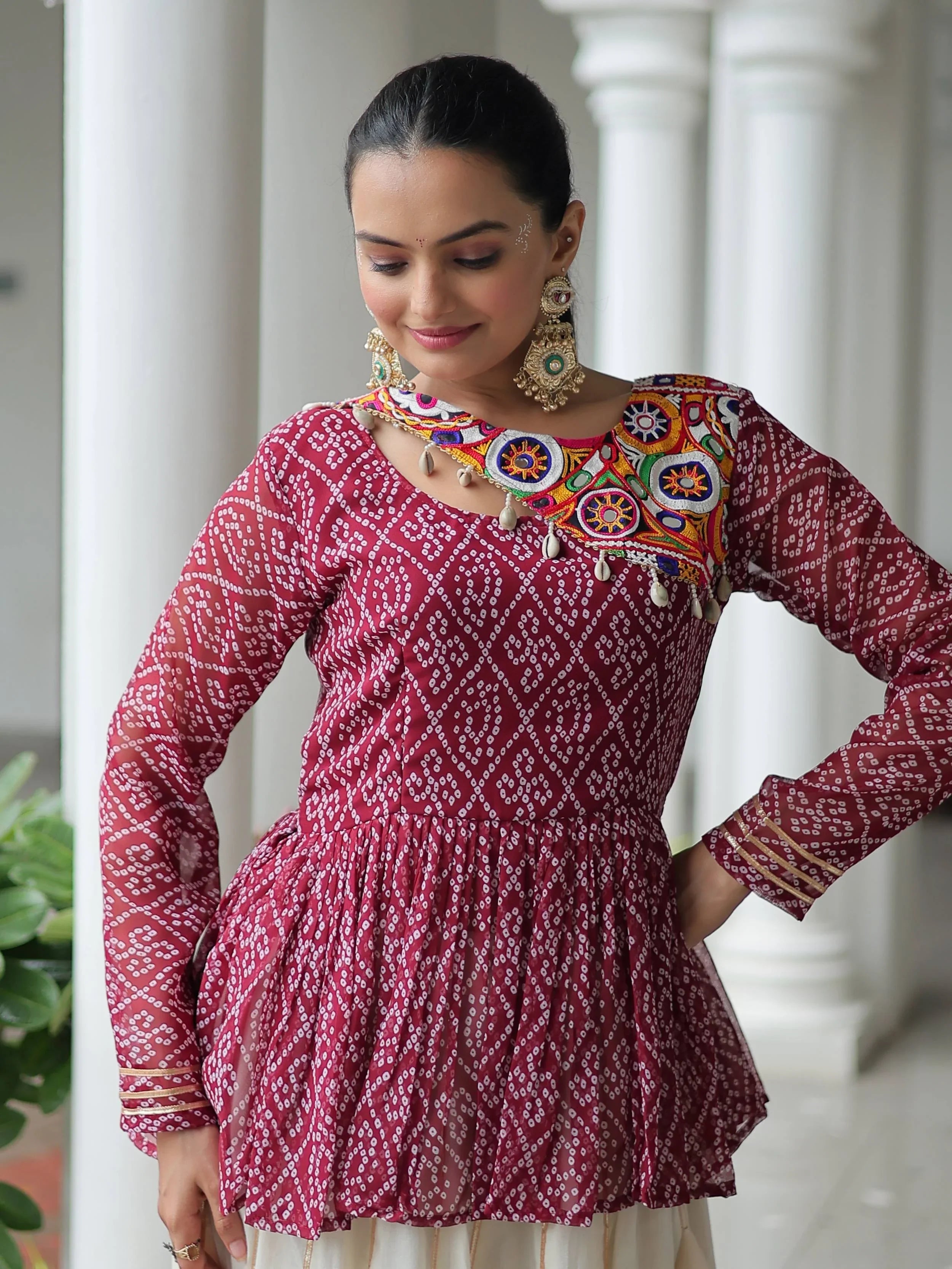 Red Kora cotton Bandhani print top with Gota Patti lehenga for Navratri