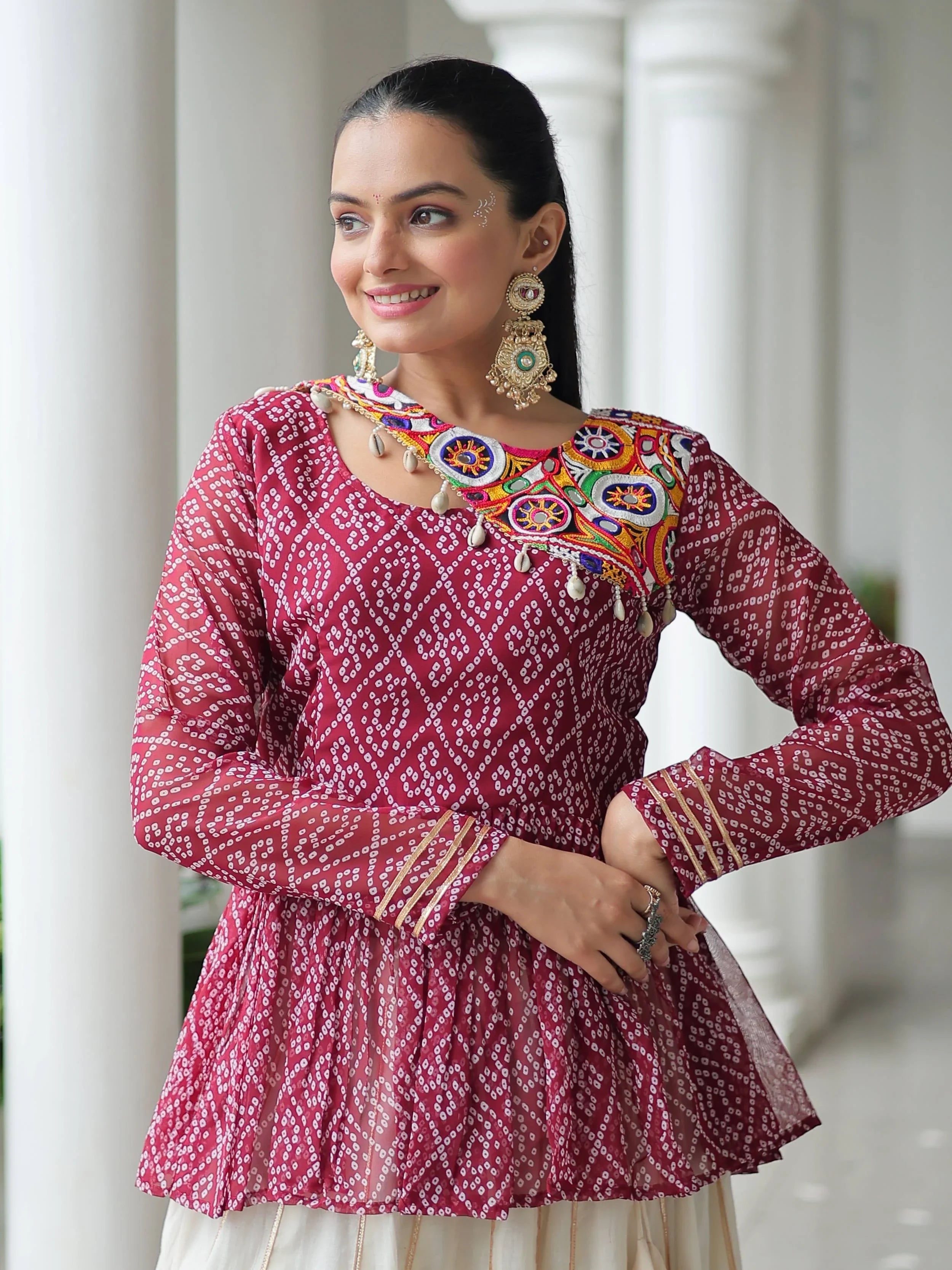 Red Kora cotton Bandhani print top with Gota Patti lehenga for Navratri