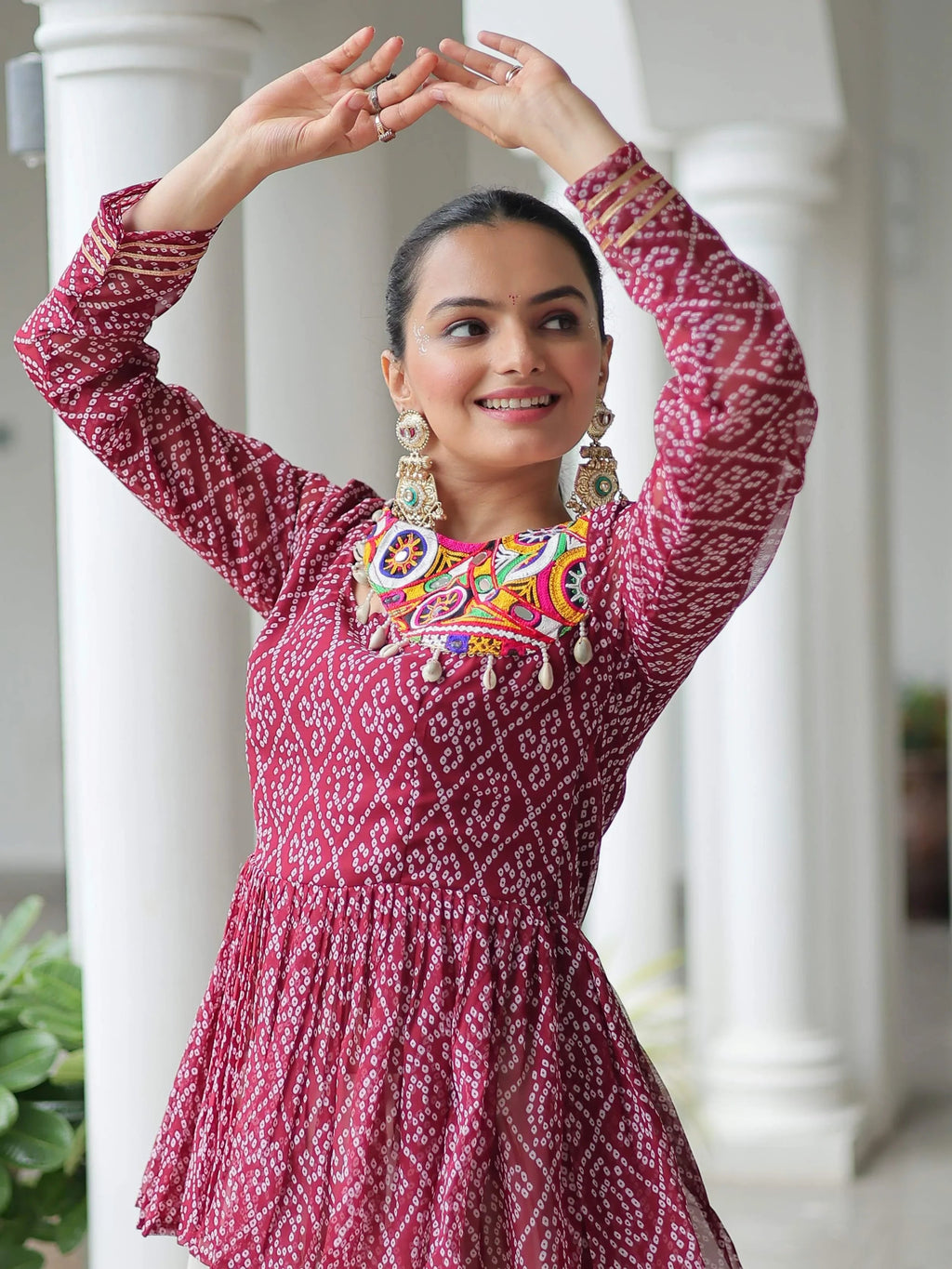 Red Kora cotton Bandhani print top with Gota Patti lehenga for Navratri