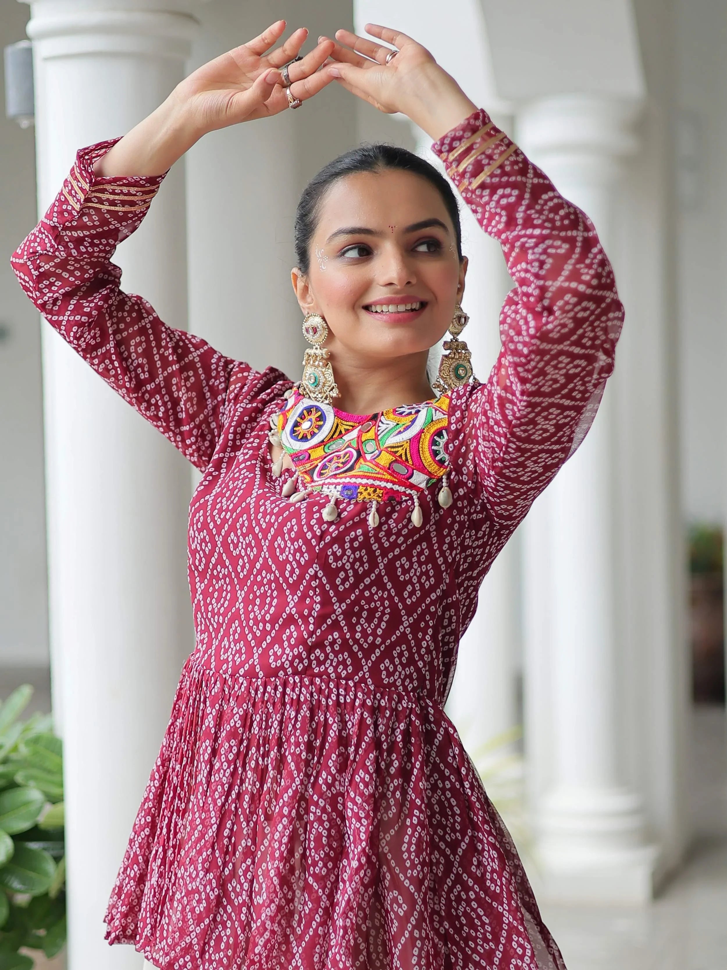 Red Kora cotton Bandhani print top with Gota Patti lehenga for Navratri