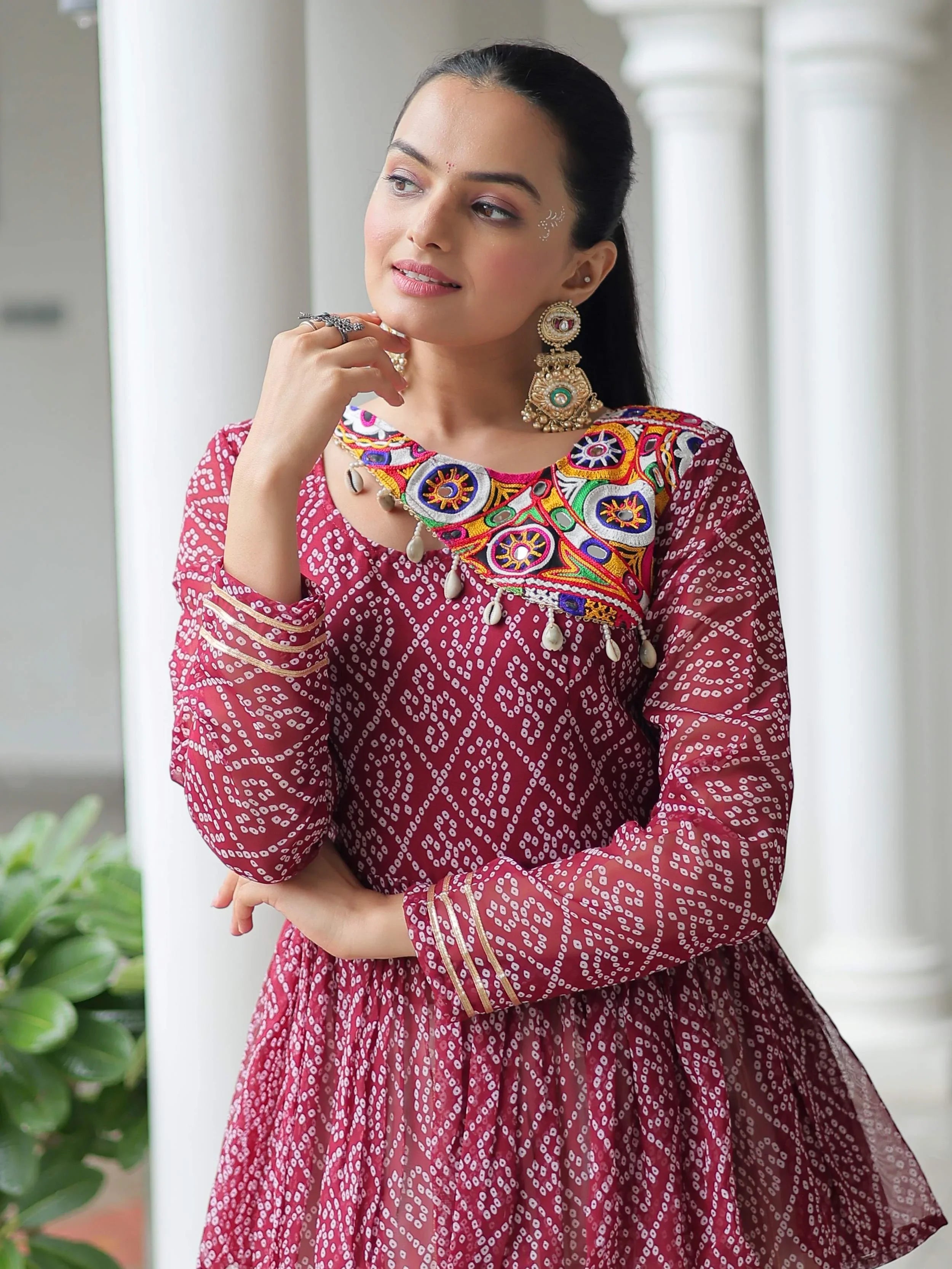 Red Kora cotton Bandhani print top with Gota Patti lehenga for Navratri
