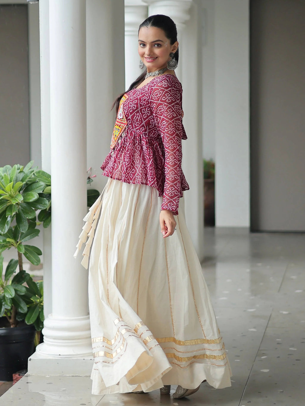 Red Kora cotton Bandhani print top with Gota Patti lehenga for Navratri
