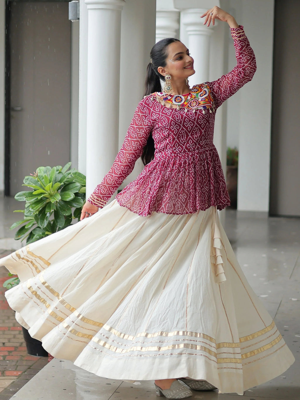 Red Kora cotton Bandhani print top with Gota Patti lehenga for Navratri