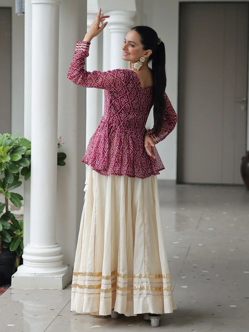 Red Kora cotton Bandhani print top with Gota Patti lehenga for Navratri
