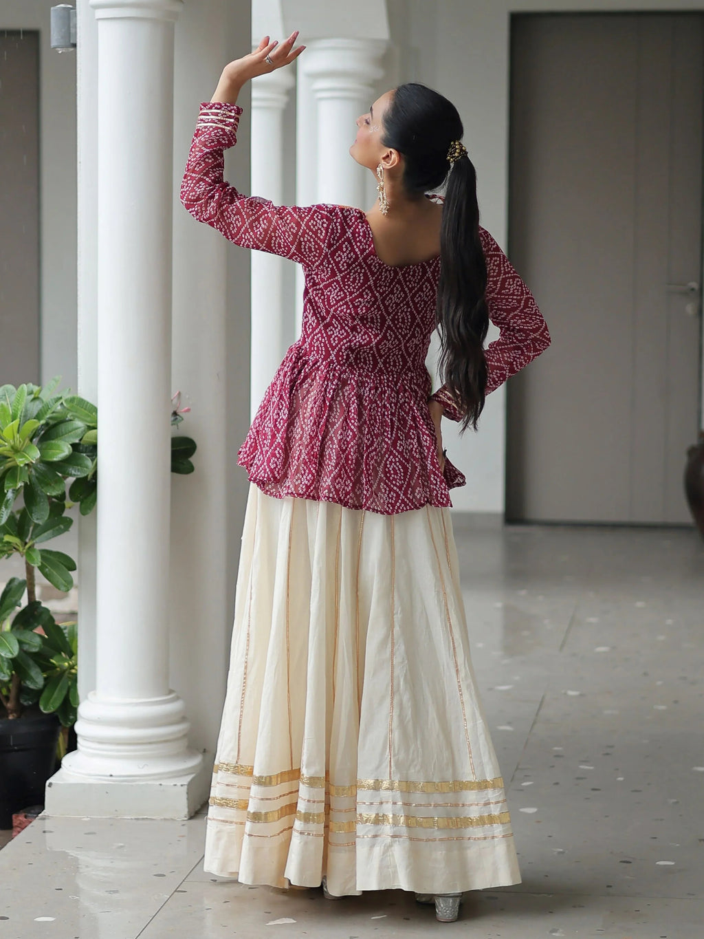 Red Kora cotton Bandhani print top with Gota Patti lehenga for Navratri