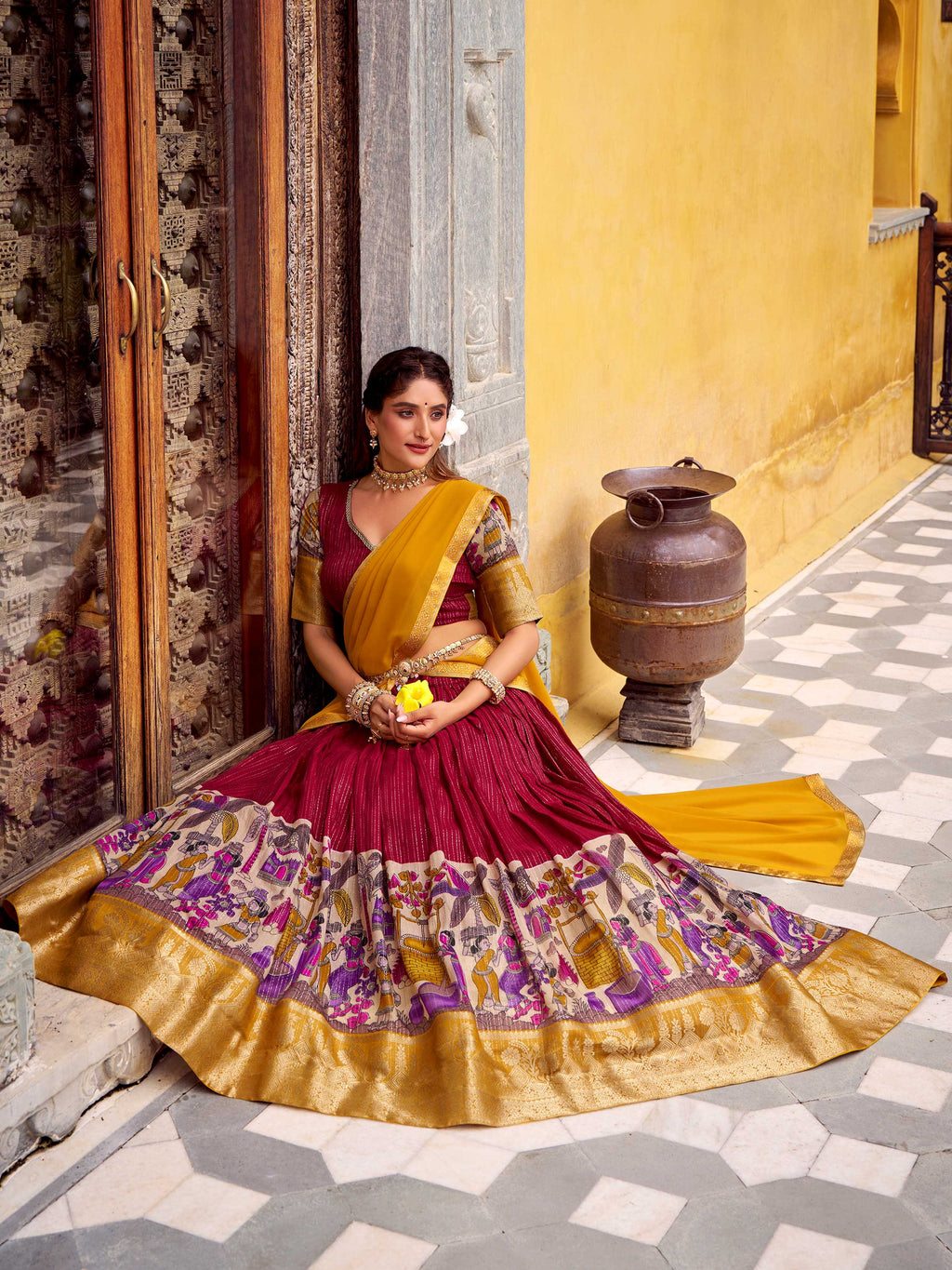 Red poly Chanderi Kalamkari print zari weaving half saree lehenga