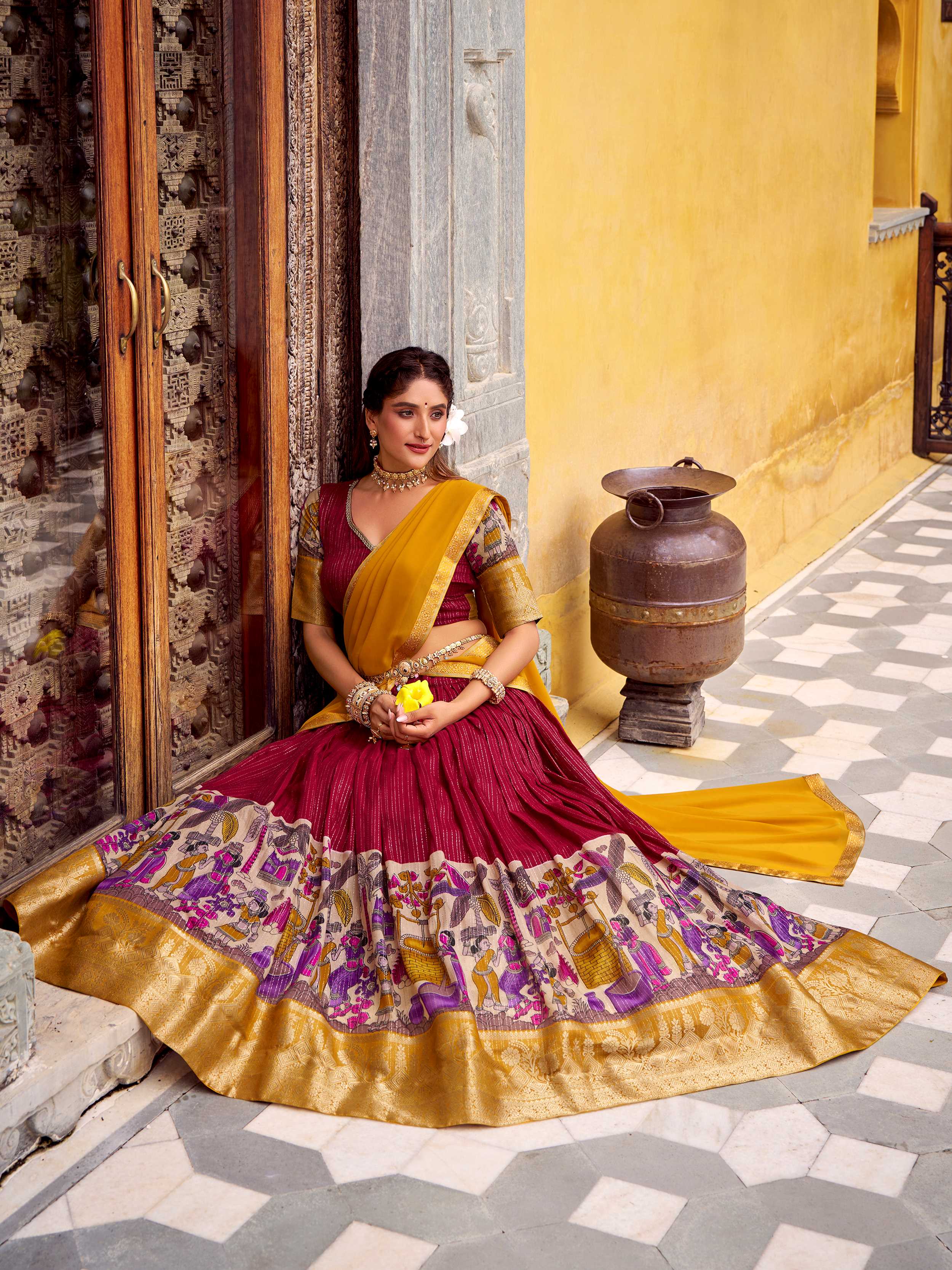 Red poly Chanderi Kalamkari print zari weaving half saree lehenga