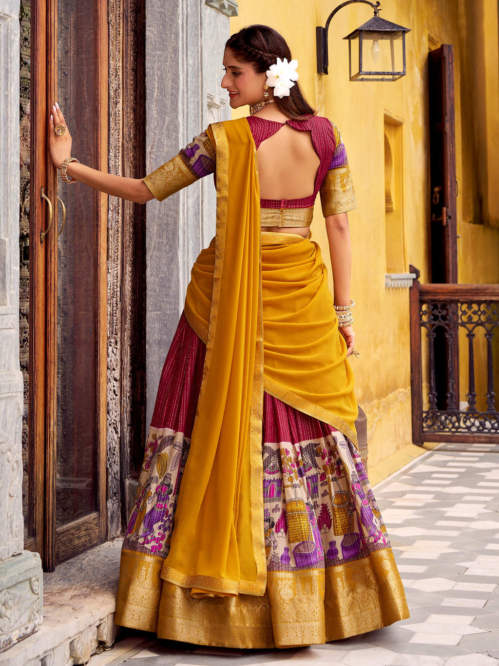 Red poly Chanderi Kalamkari print zari weaving half saree lehenga