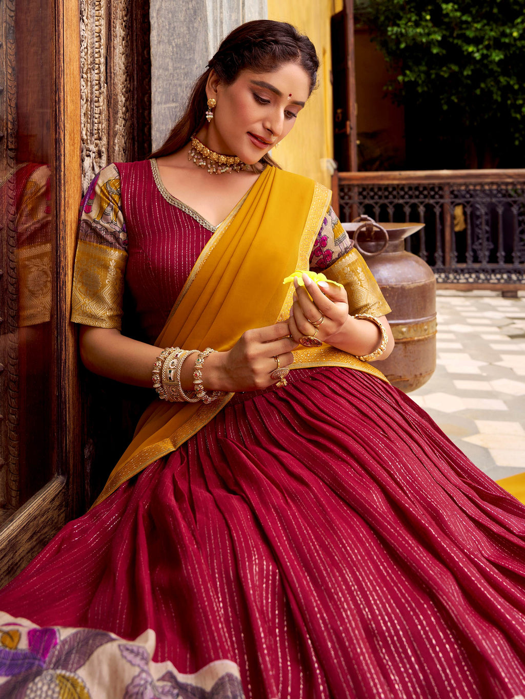 Red poly Chanderi Kalamkari print zari weaving half saree lehenga