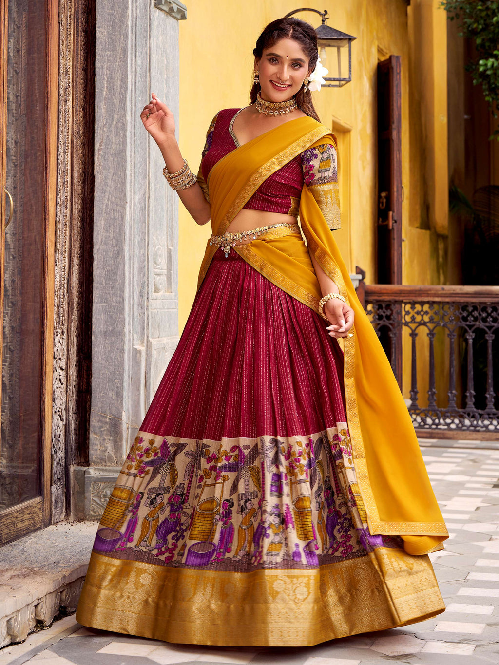 Red Poly Chanderi Kalamkari Print Zari Weaving Half Saree Lehenga