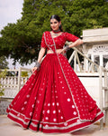 Red pure Chanderi Bandhej print lace work lehenga choli