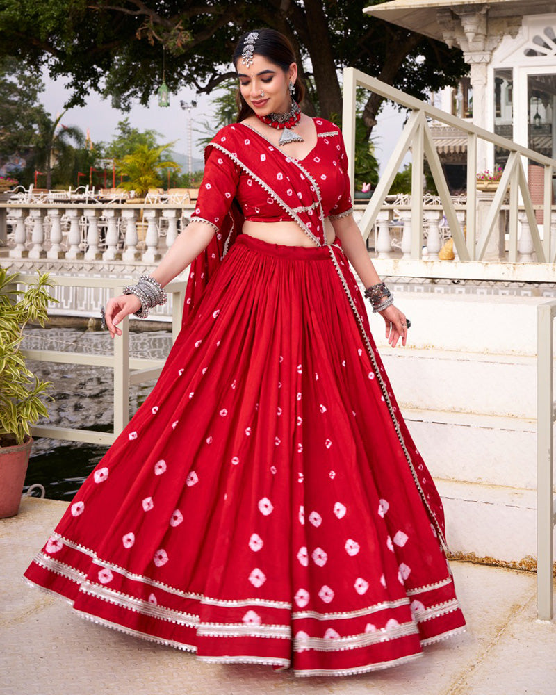 Red pure Chanderi Bandhej print lace work lehenga choli