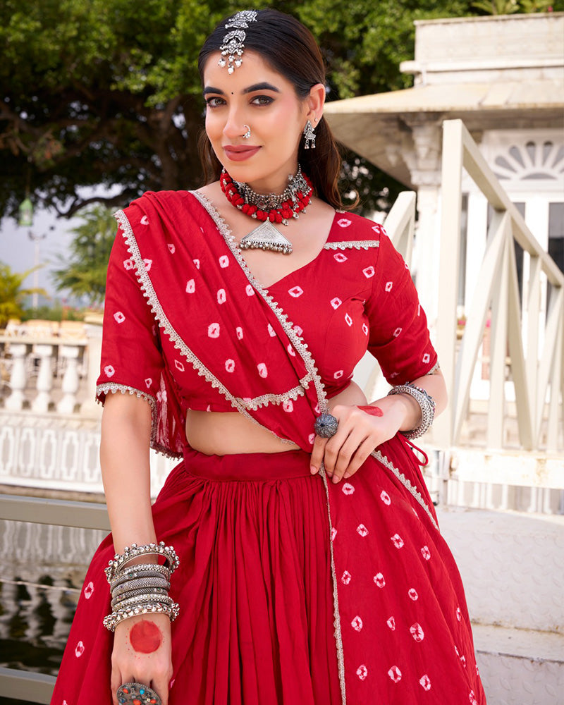 Red pure Chanderi Bandhej print lace work lehenga choli