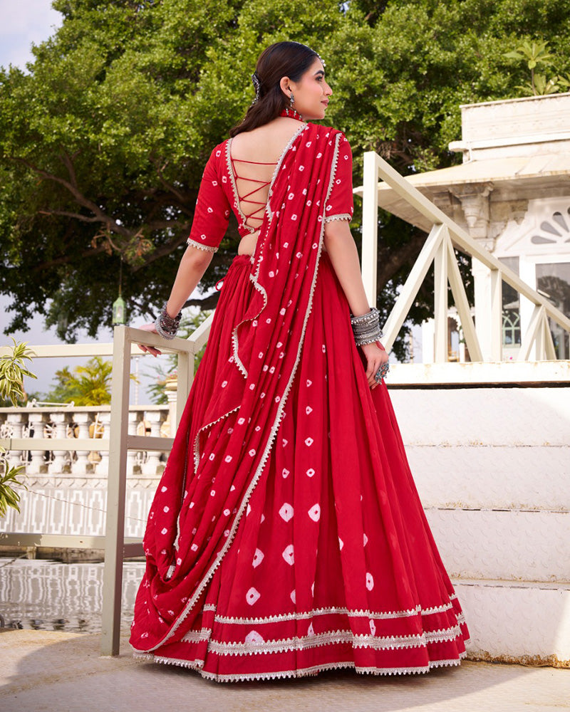 Red pure Chanderi Bandhej print lace work lehenga choli