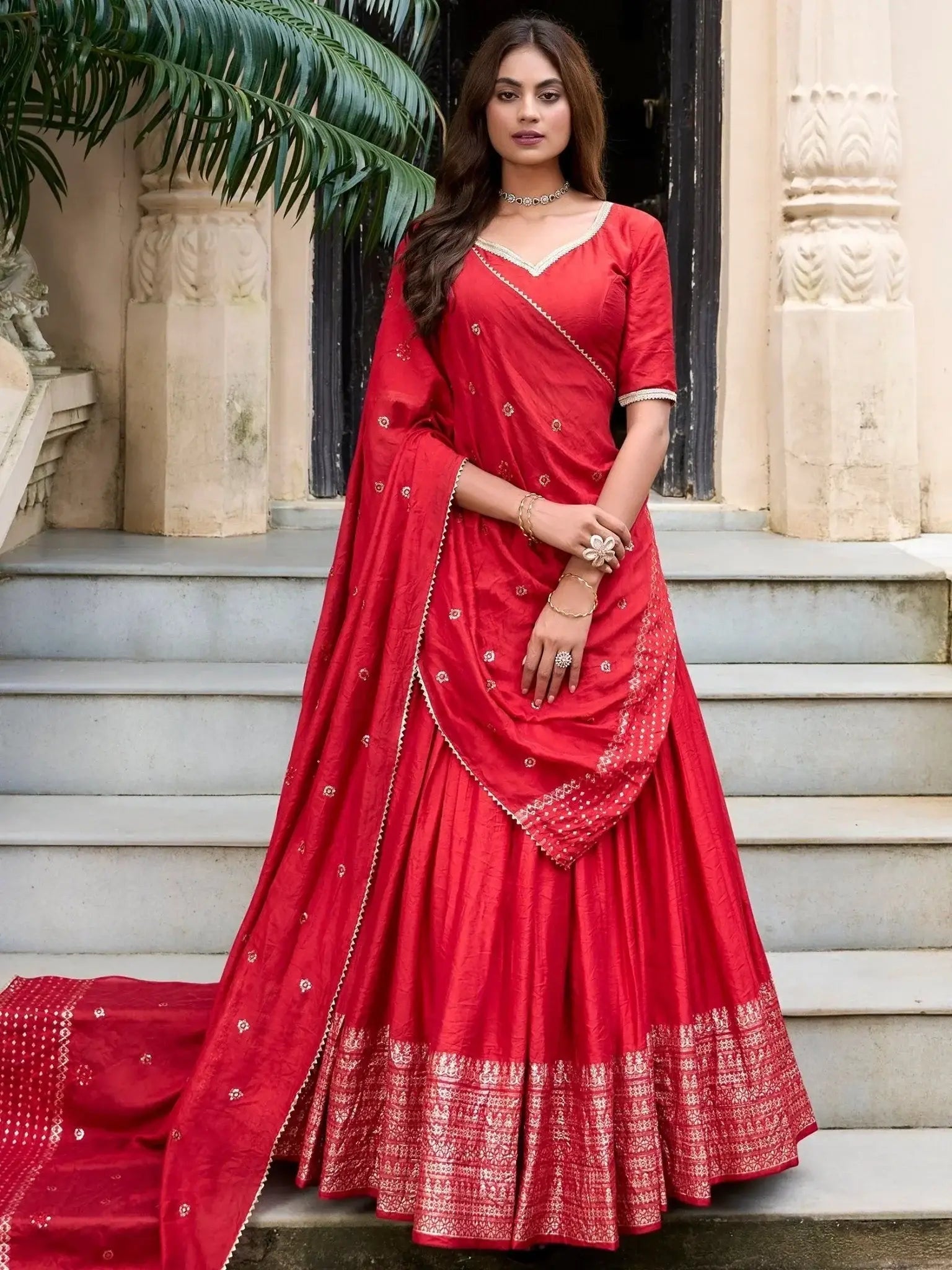 Red pure Chanderi plain zari weaving lehenga choli