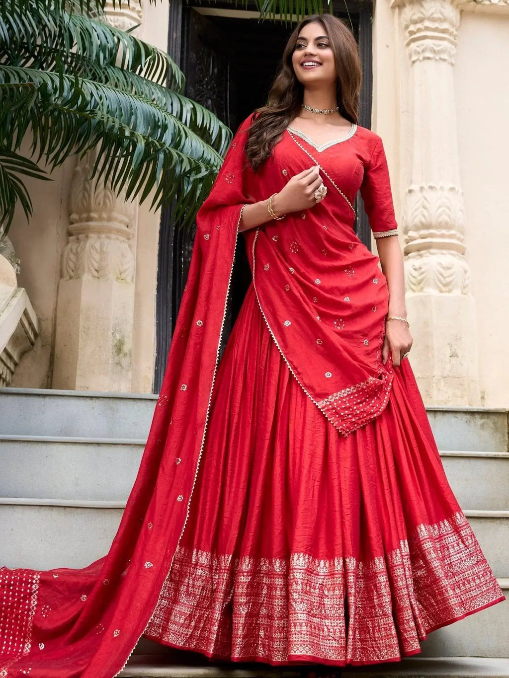 Red pure Chanderi plain zari weaving lehenga choli