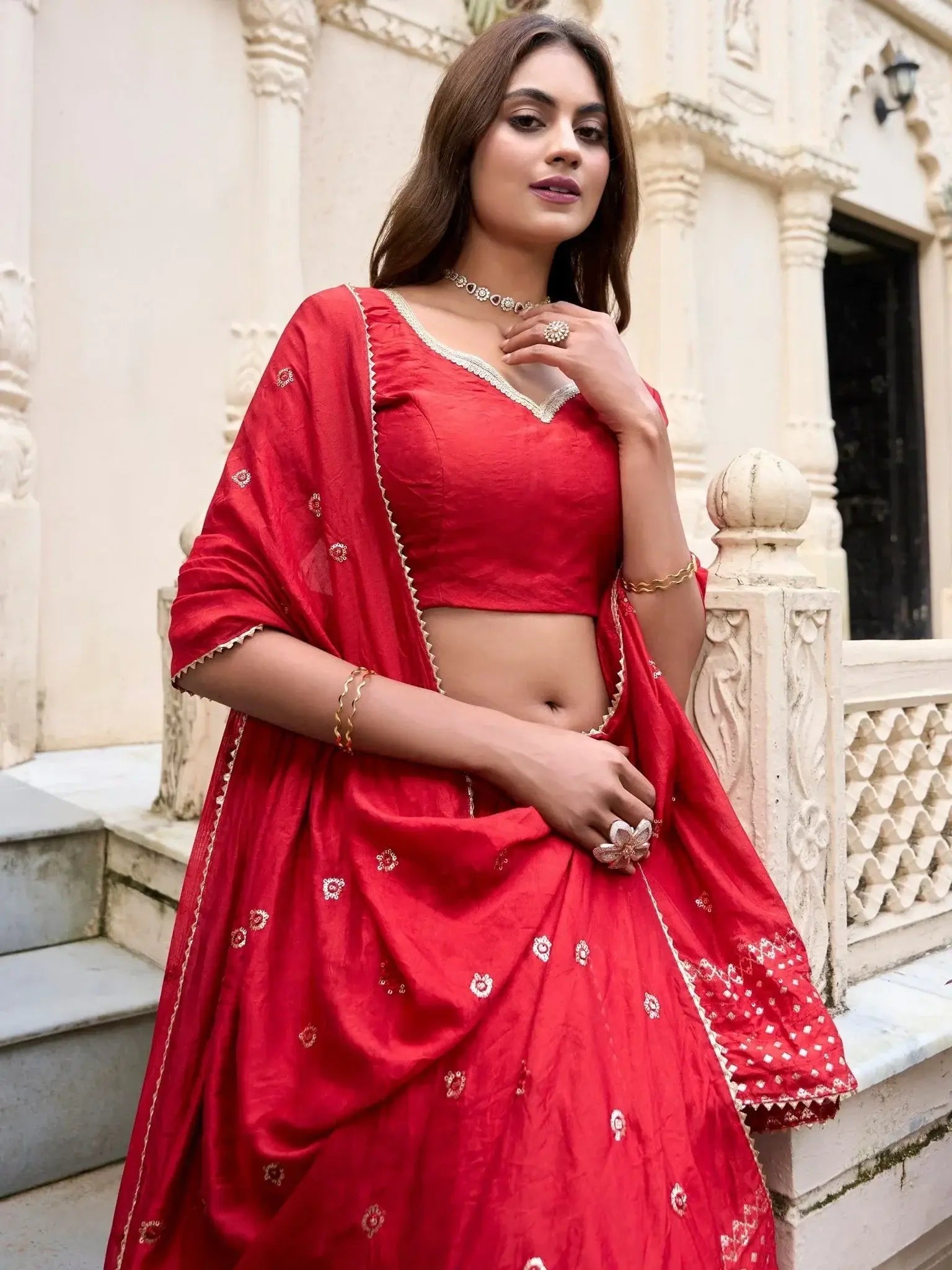 Red pure Chanderi plain zari weaving lehenga choli