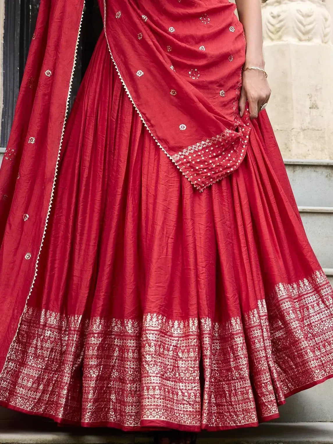 Red pure Chanderi plain zari weaving lehenga choli