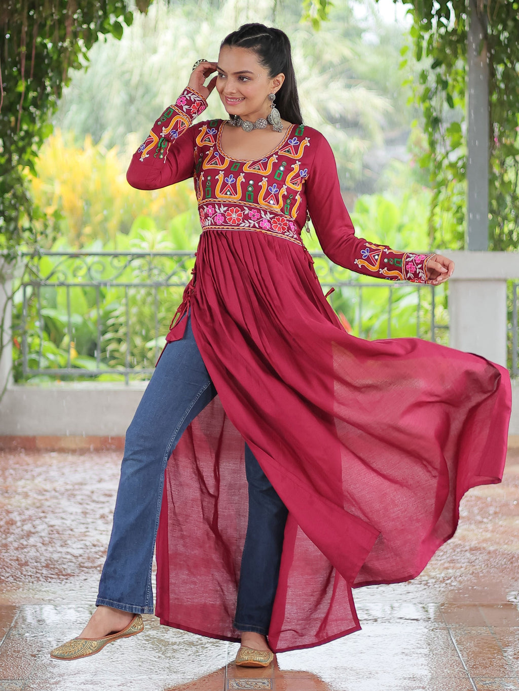 Red pure rayon nayra cut kurti with kutchi gamthi work