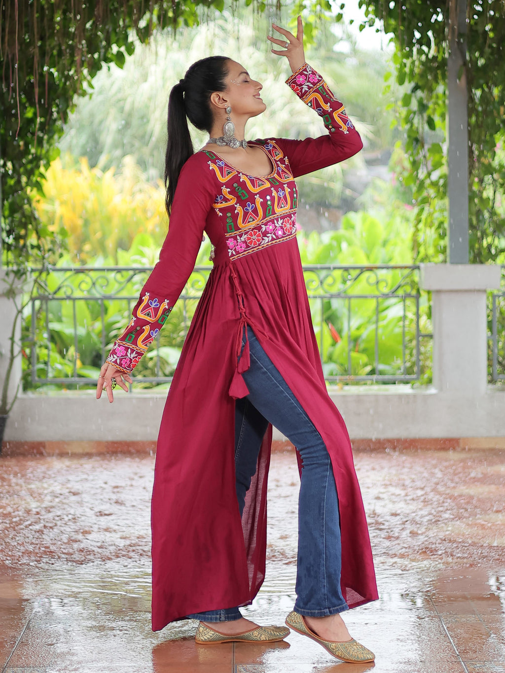 Red pure rayon nayra cut kurti with kutchi gamthi work