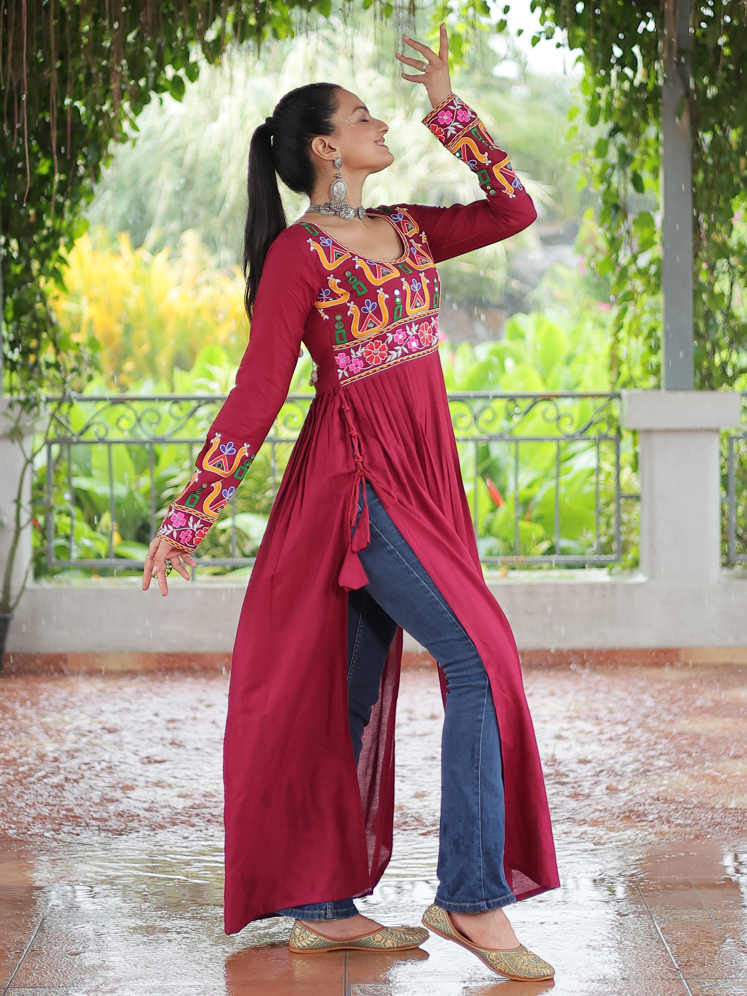 Red pure rayon nayra cut kurti with kutchi gamthi work