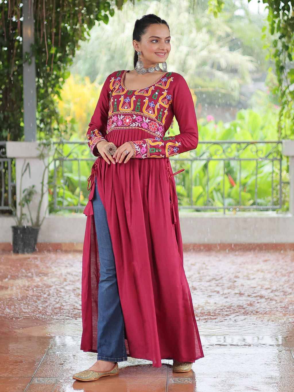 Red pure rayon nayra cut kurti with kutchi gamthi work