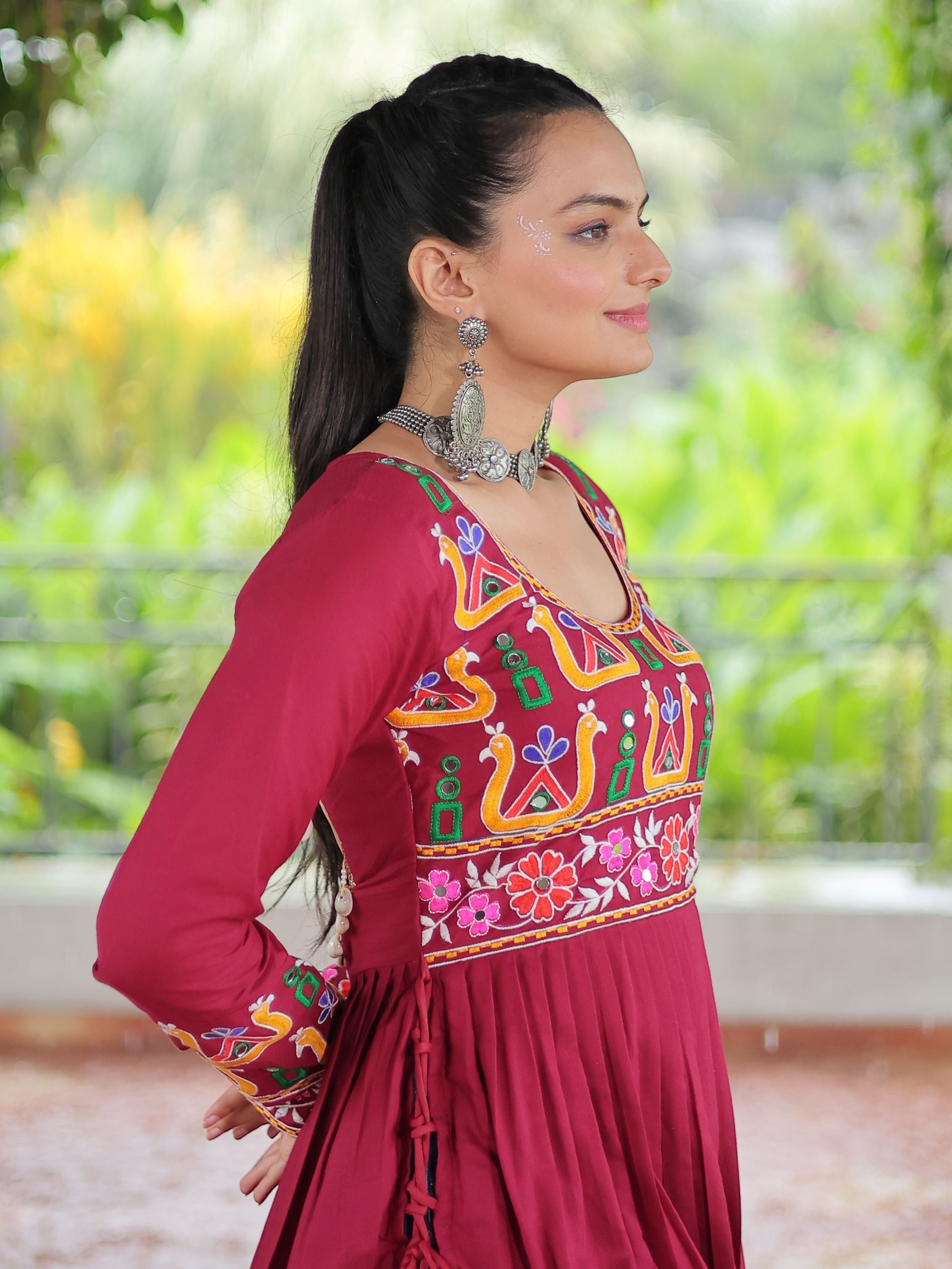 Red pure rayon nayra cut kurti with kutchi gamthi work