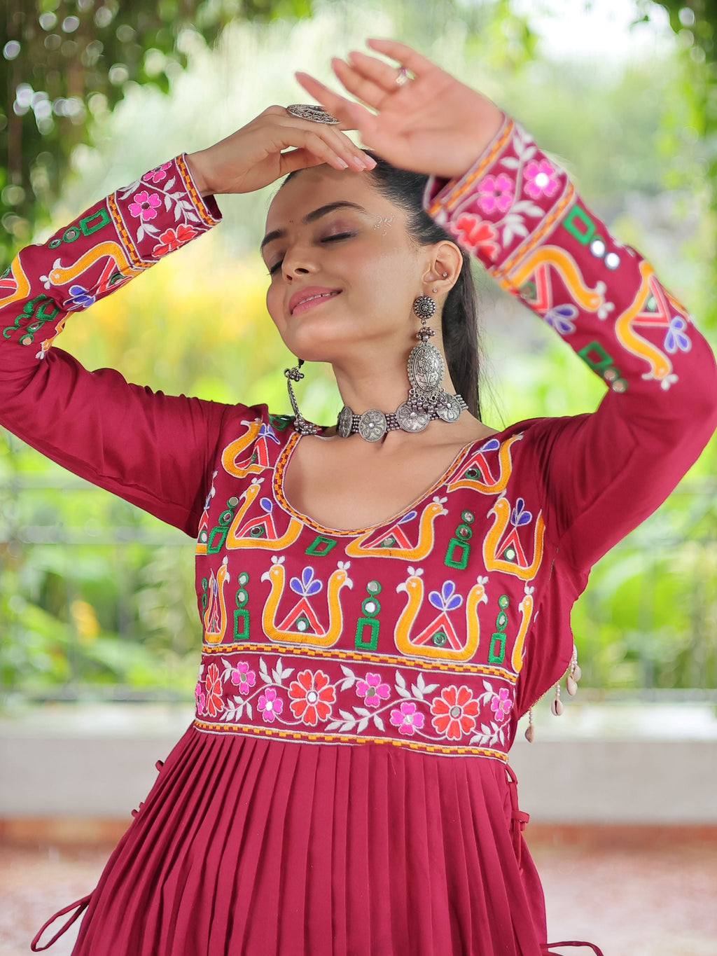 Red pure rayon nayra cut kurti with kutchi gamthi work