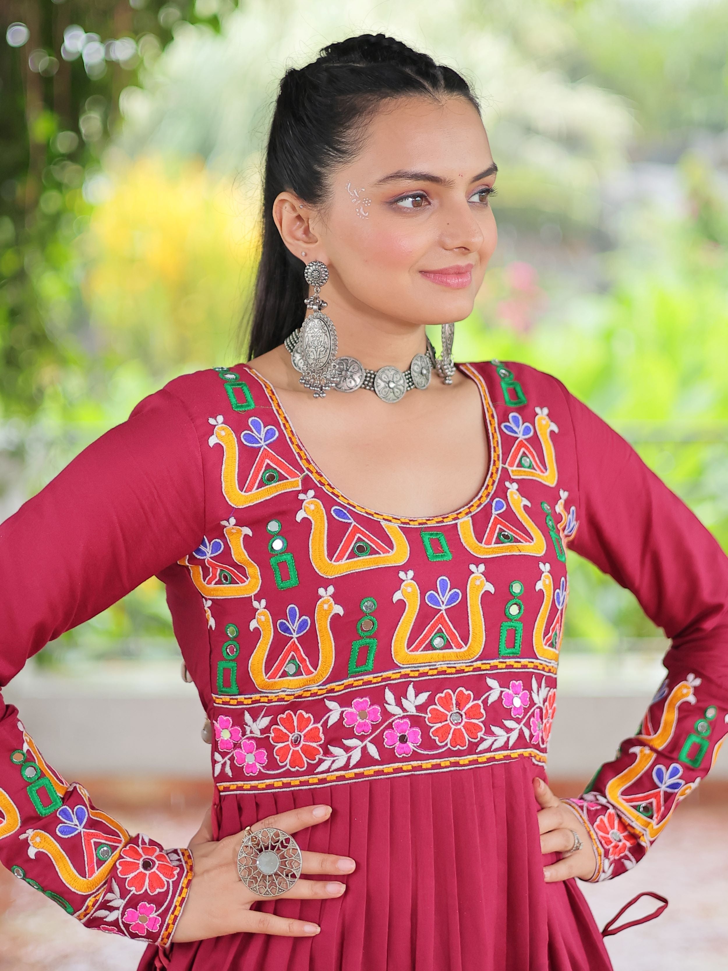 Red pure rayon nayra cut kurti with kutchi gamthi work