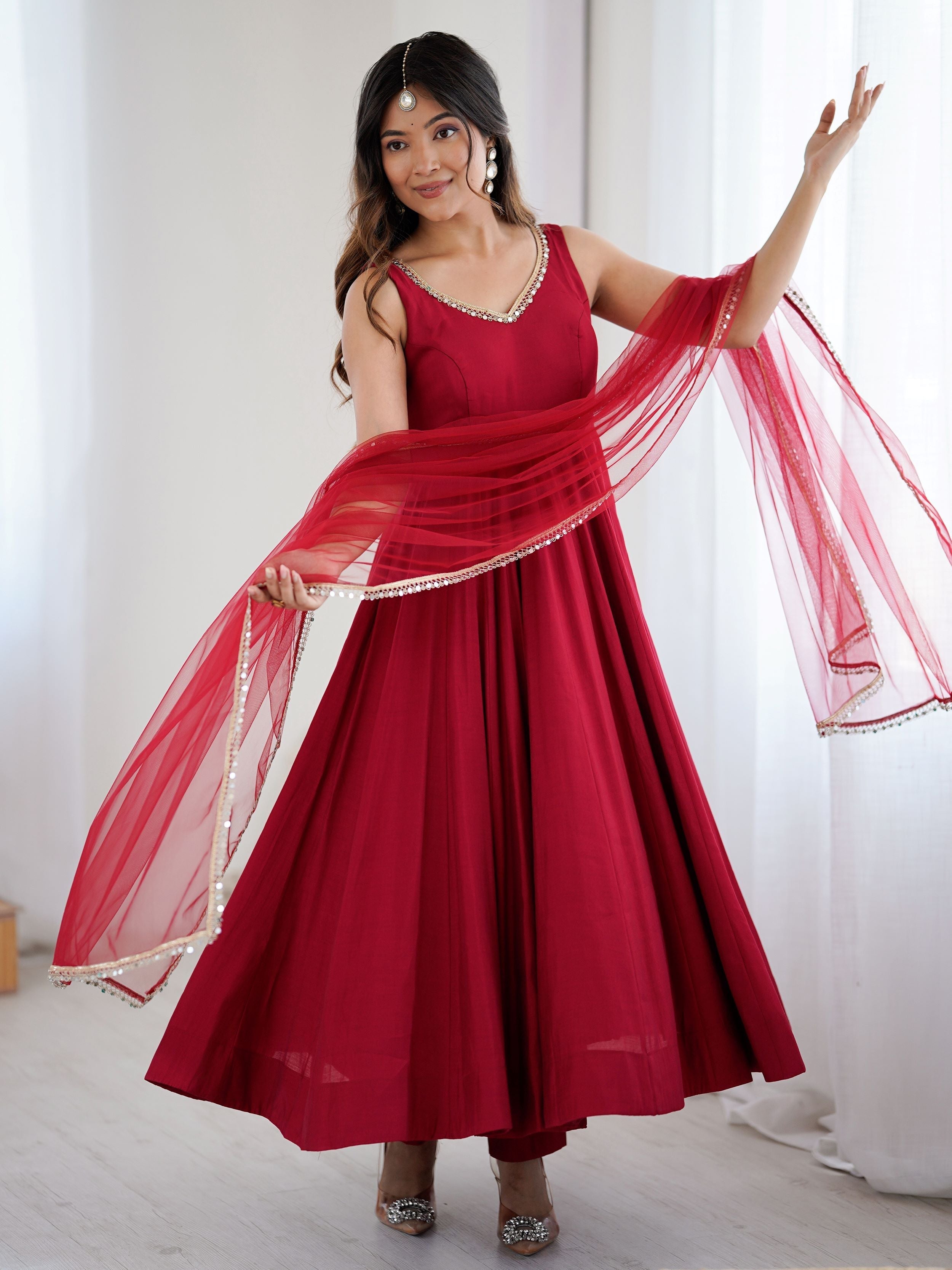 Red silk Anarkali suit with mirror lace work and dupatta
