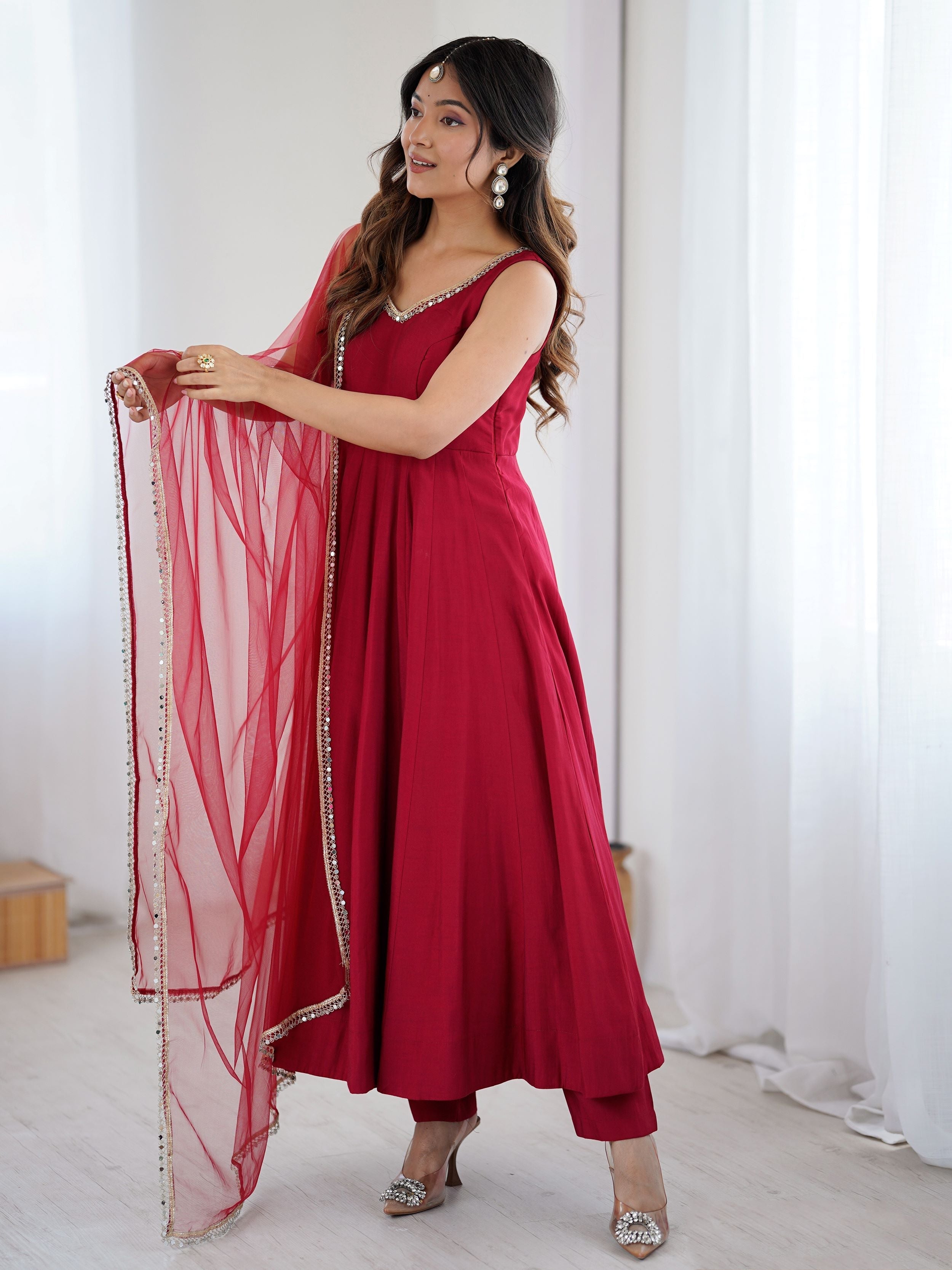 Red silk Anarkali suit with mirror lace work and dupatta