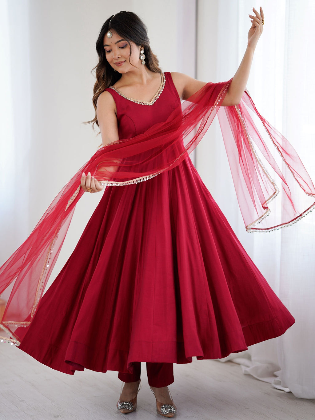 Red silk Anarkali suit with mirror lace work and dupatta