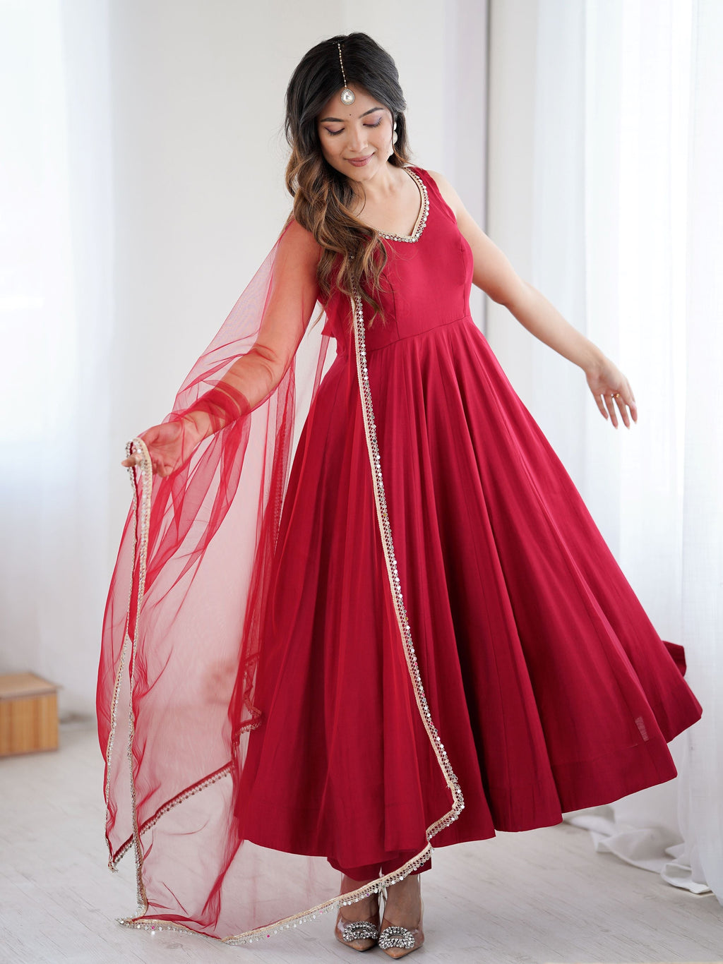Red silk Anarkali suit with mirror lace work and dupatta