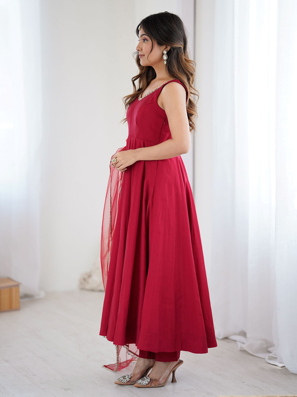 Red silk Anarkali suit with mirror lace work and dupatta