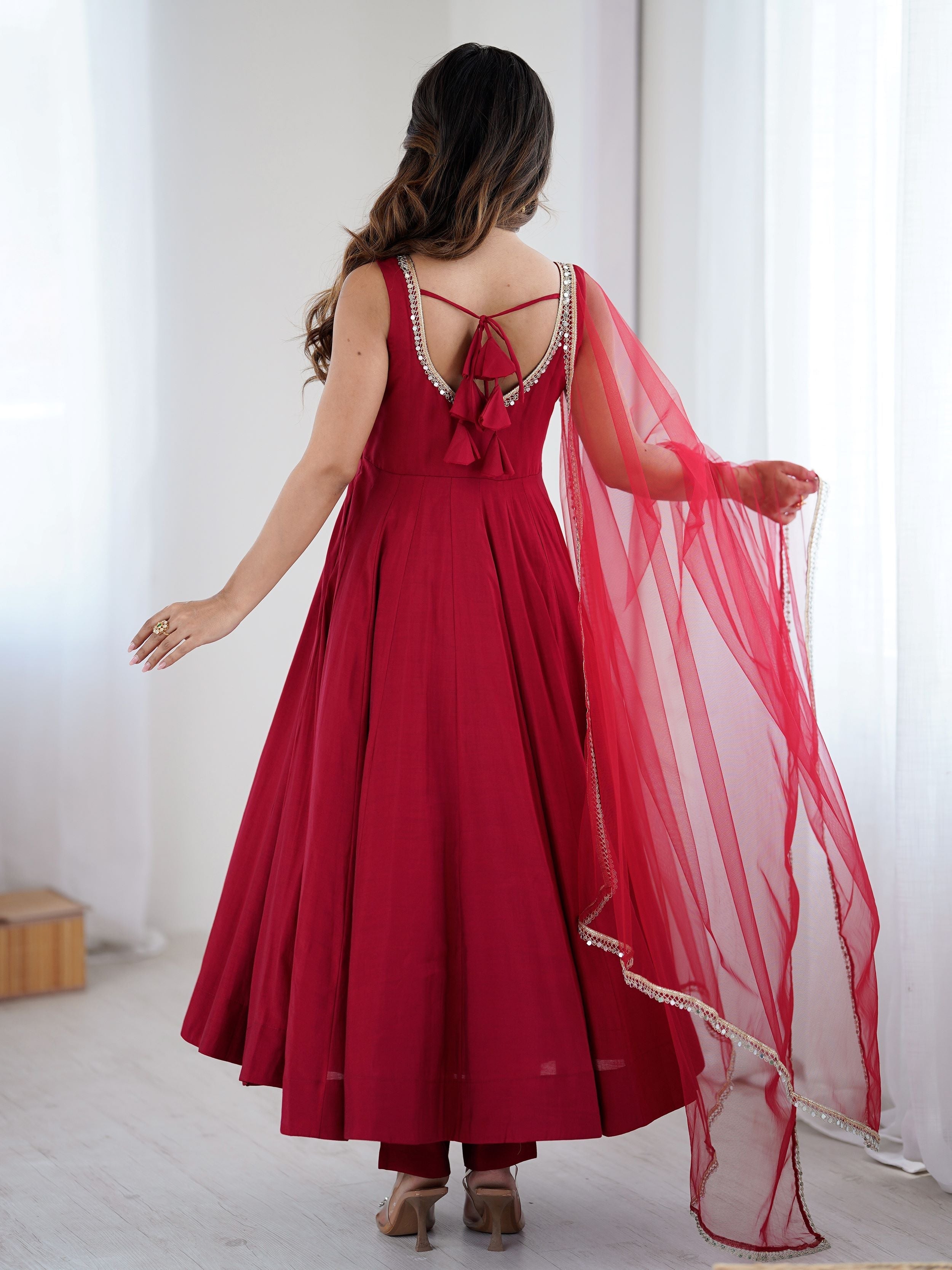 Red silk Anarkali suit with mirror lace work and dupatta